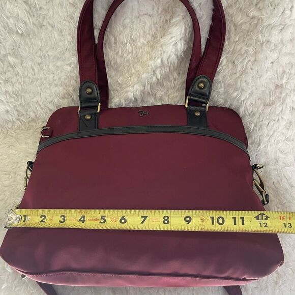 Travelon Anti-Theft Tailored Burgundy Nylon Satchel removable shoulder strap - Picture 3 of 13